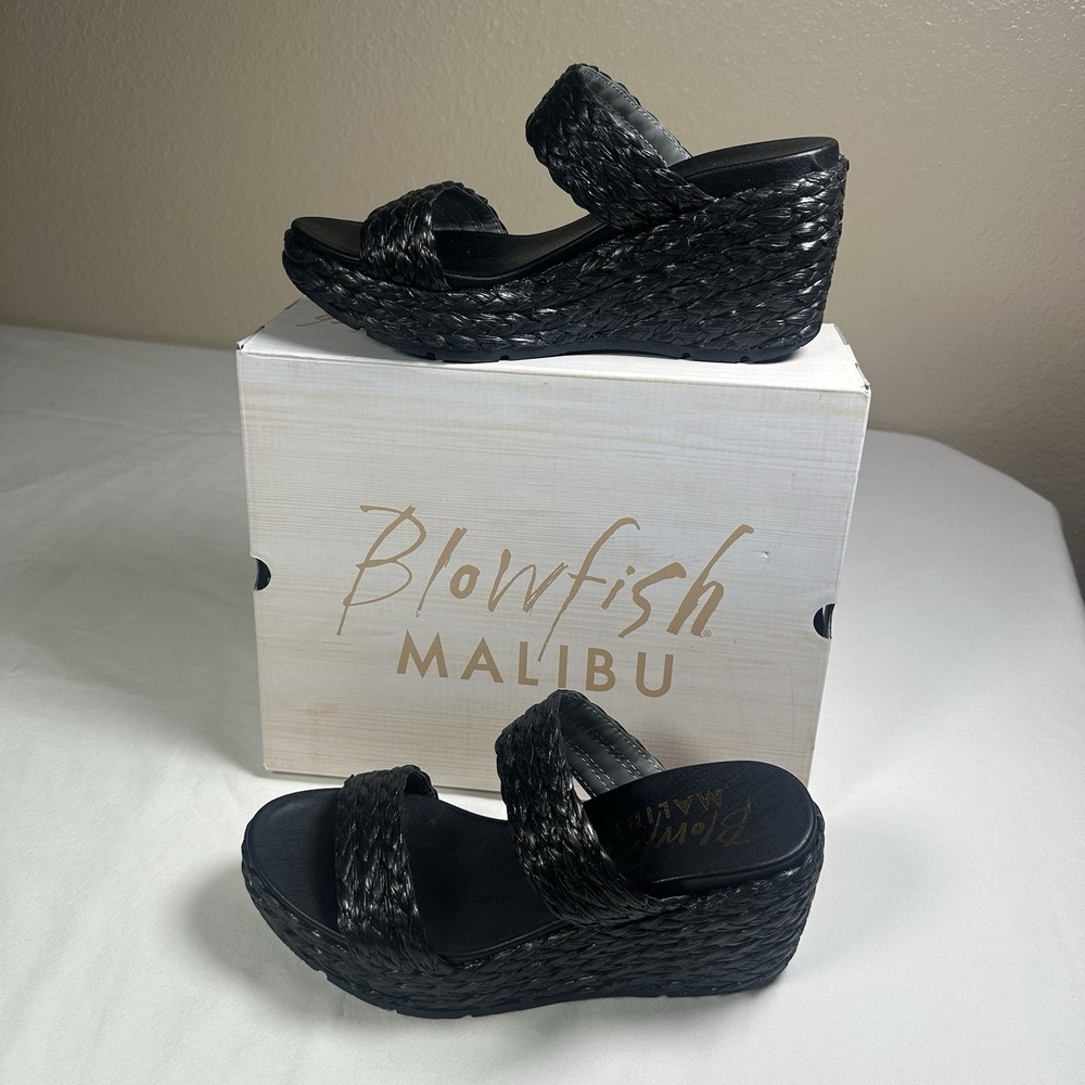 Blowfish Malibu Bermuda Raffia Wedge‎ Sandals Black Color size 10 New In Box